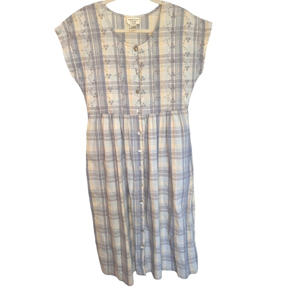 Vintage 90s Prairie Pinafore Cotton Plaid Embroidered Maxi Dress S - Picture 8 of 13
